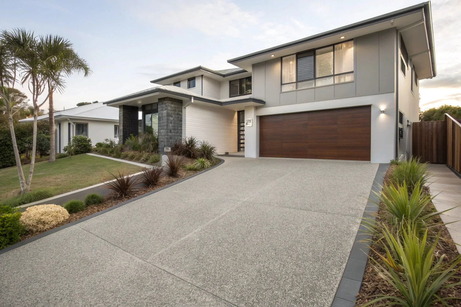 Exposed aggregate driveway in warm grey tones leading to a contemporary Canberra home garage