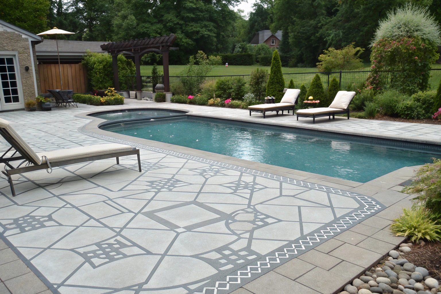 Stencilled concrete pool surround with slip-resistant decorative finish