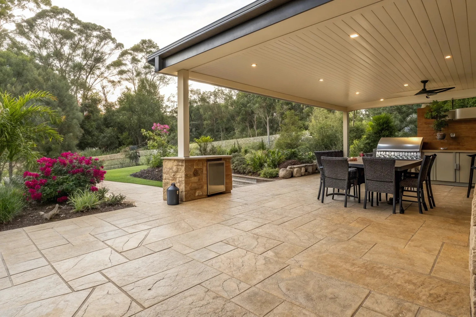 Stamped concrete alfresco patio outdoor entertainment area Canberra