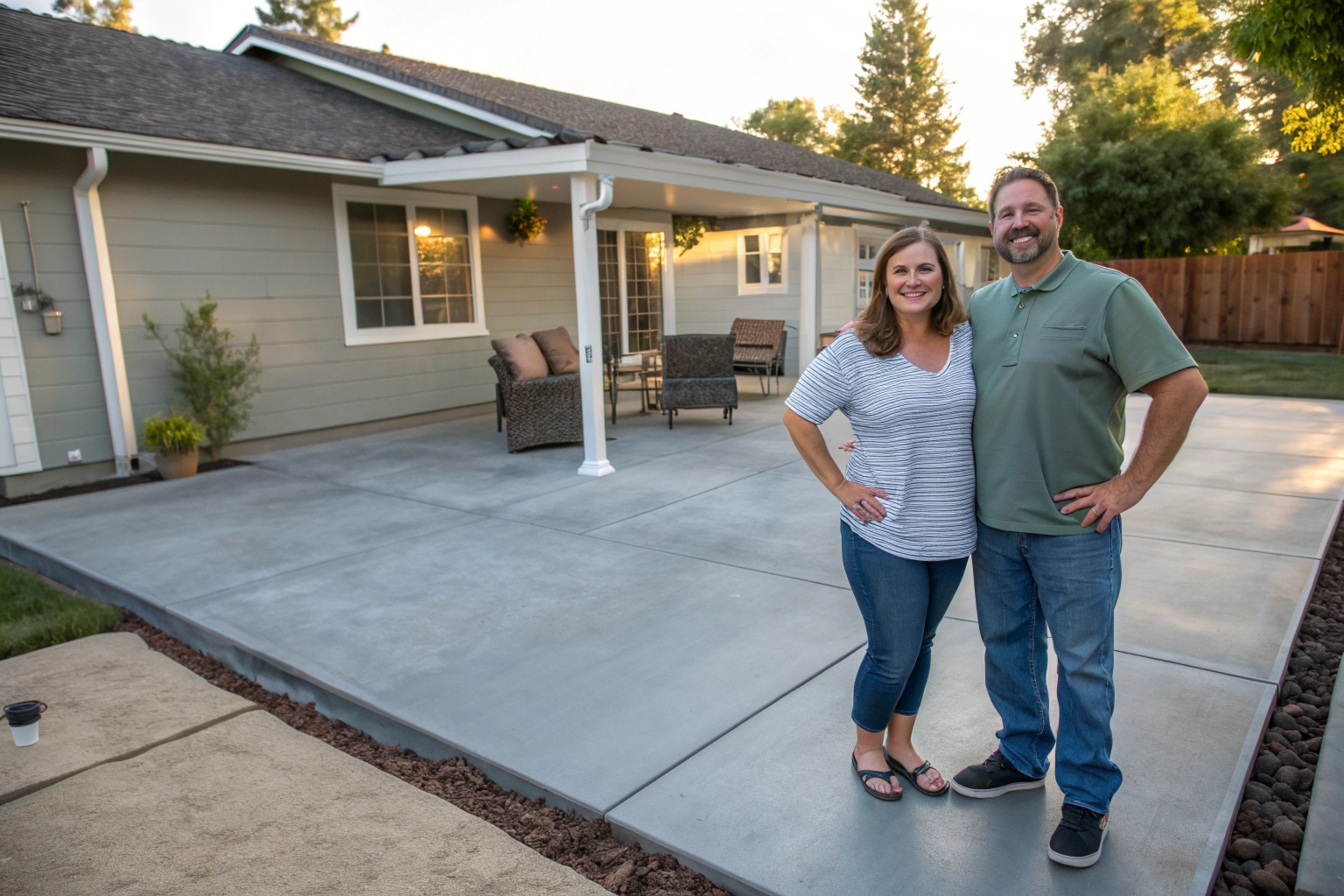 Satisfied clients with completed concrete patio by Concrete Canberra experts