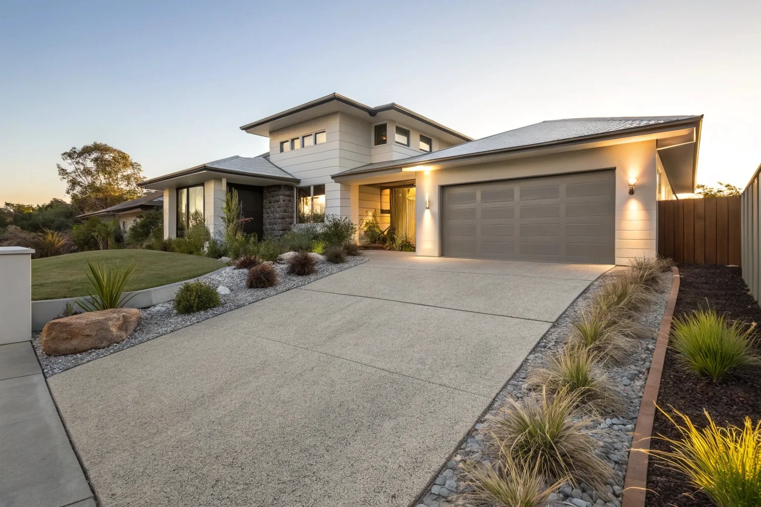 Exposed aggregate concrete driveway Canberra home