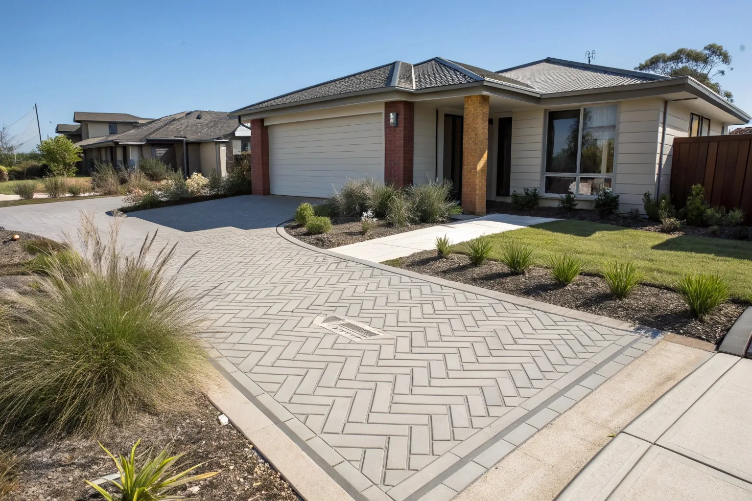 Stencilled concrete driveway with herringbone pattern in Canberra home