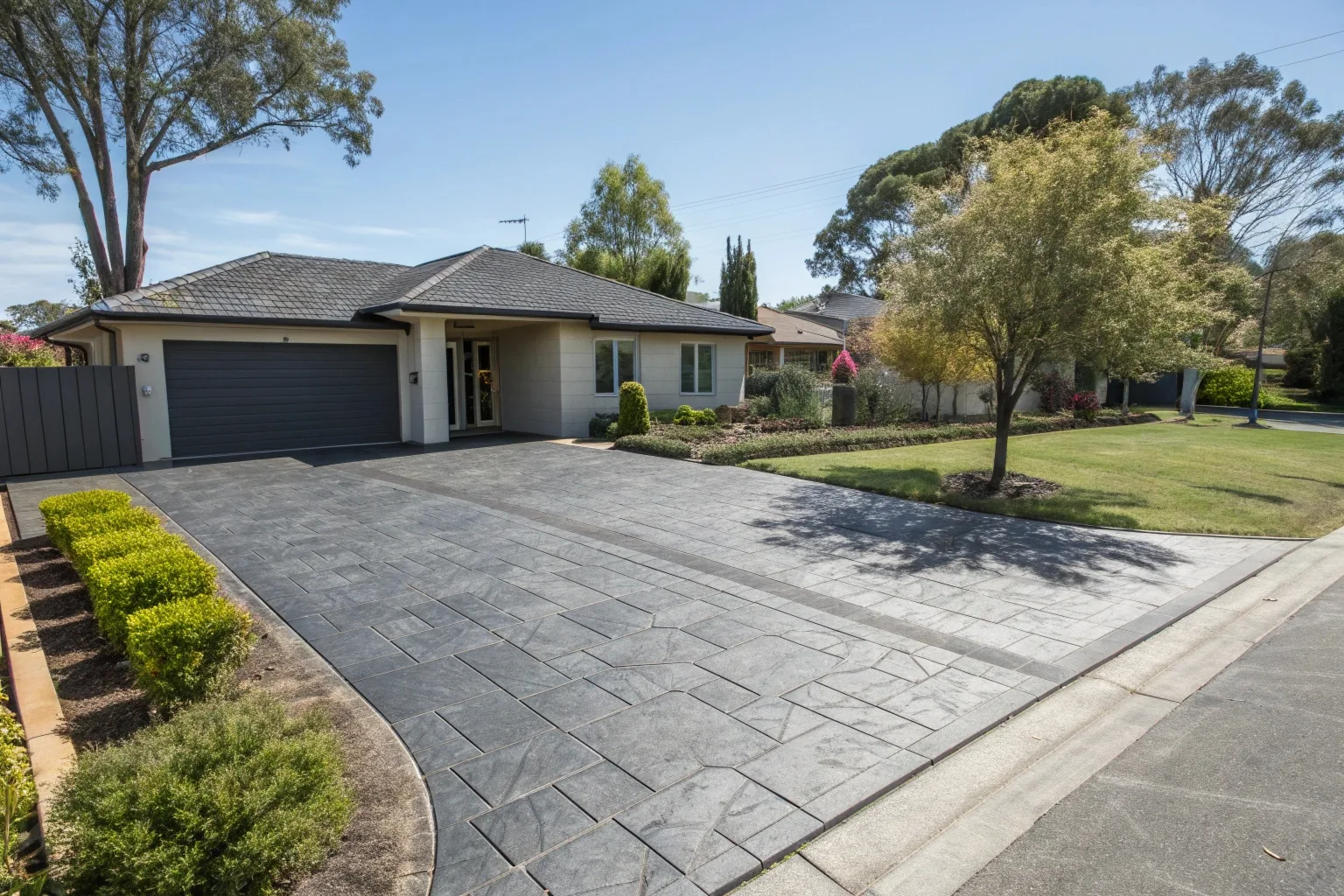 Stamped concrete driveway with ashlar slate pattern Canberra home