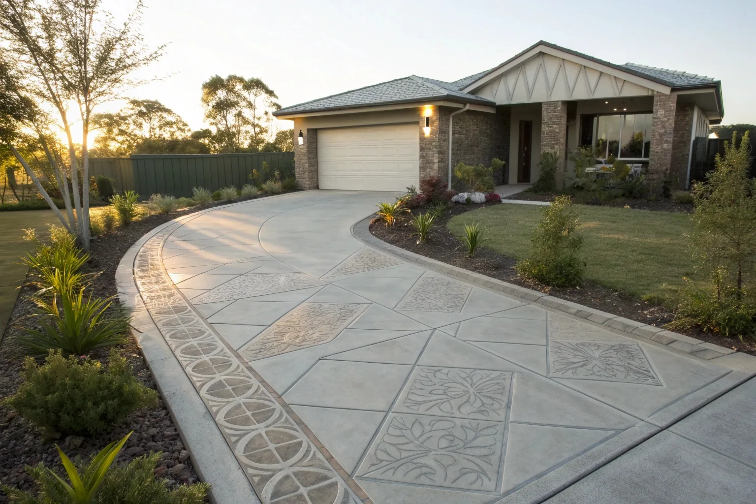 A wide concrete driveway finished with a stamped decorative pattern