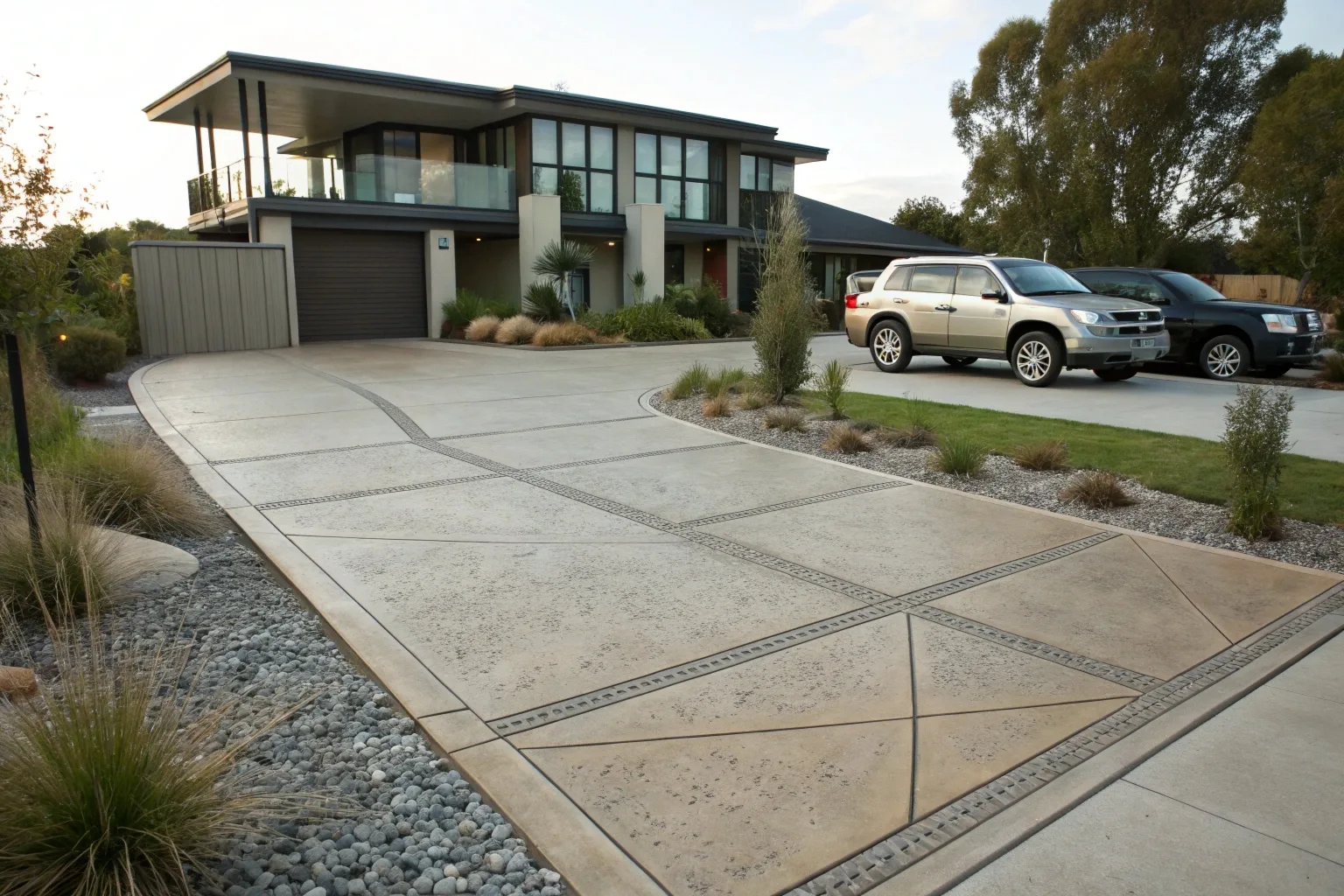 Double width stamped concrete driveway Red Hill residential