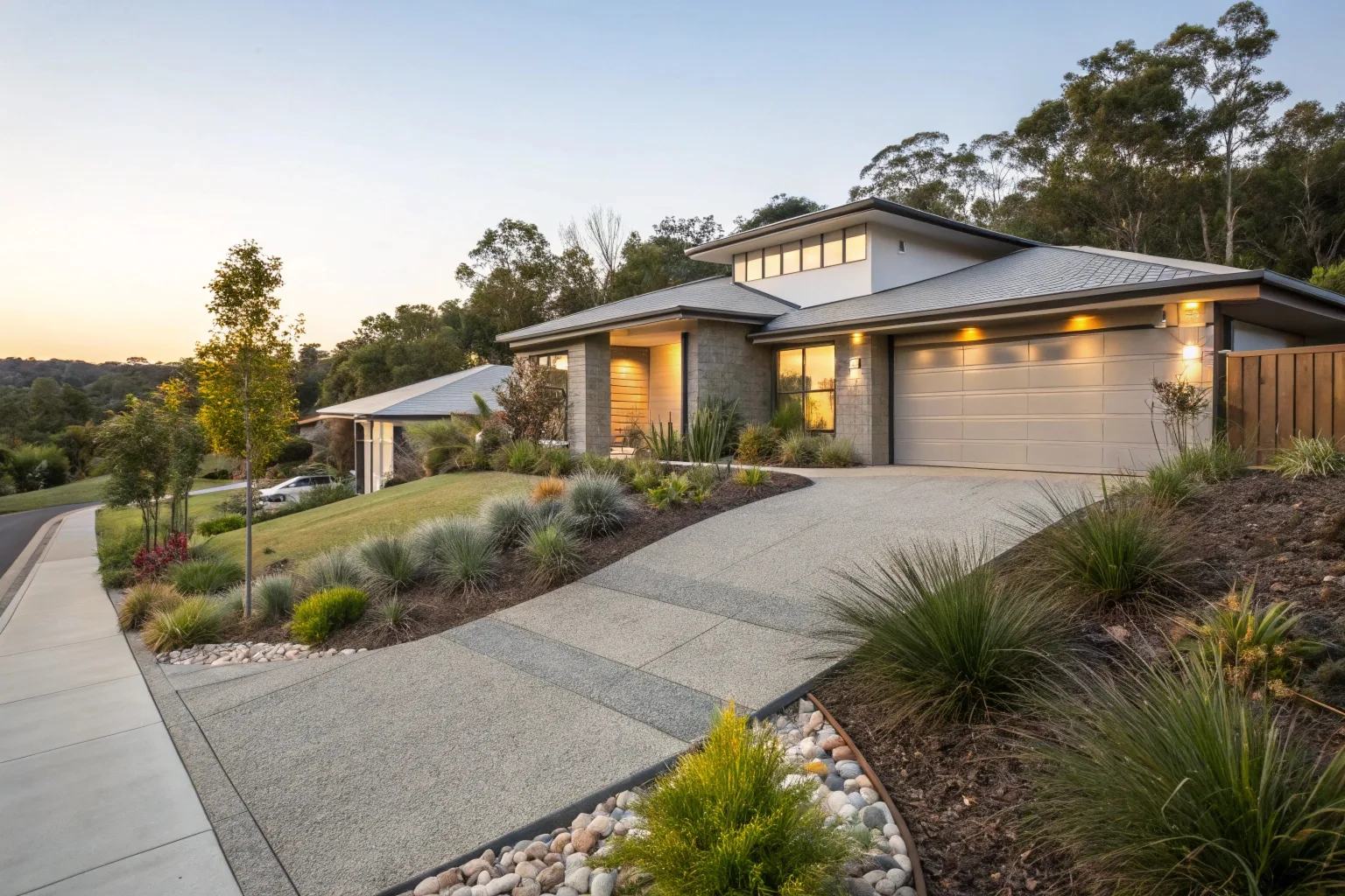 Exposed aggregate concrete driveway Queanbeyan residential property