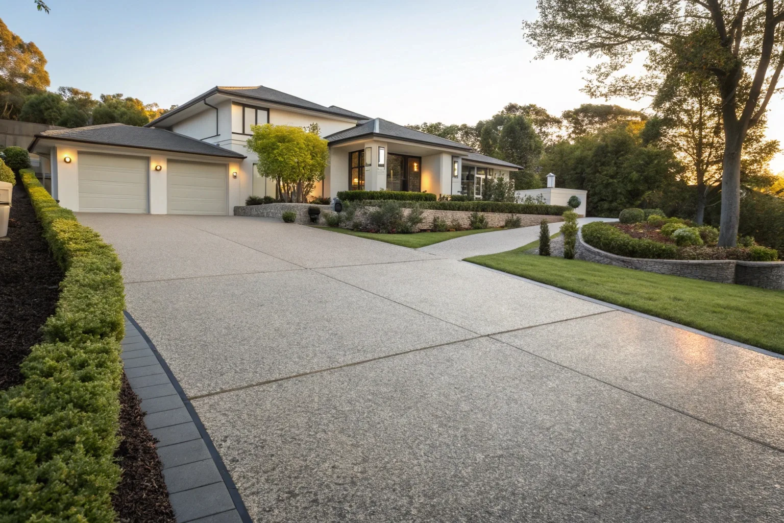 Exposed aggregate concrete driveway Yarralumla home