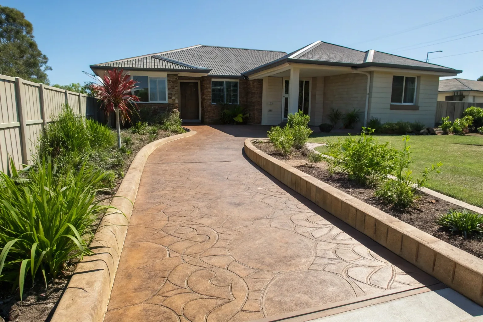 Stamped concrete pathway Manuka residential property